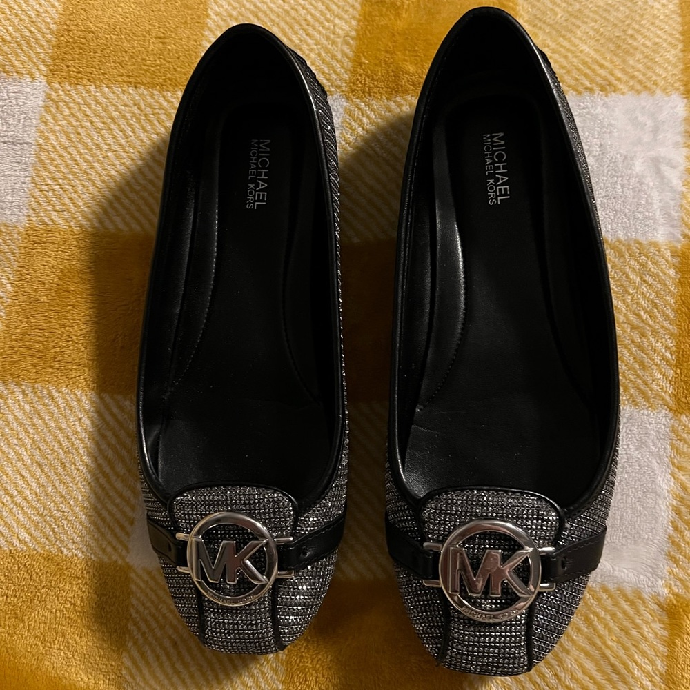 EUC Michael Kors Black Silver Glitter Sparkle Flats Women’s 8.5